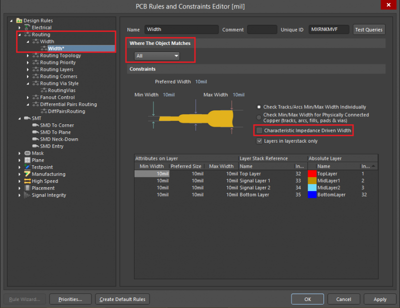 Screenshot of the Rules and Constraints Editor in Altium Designer