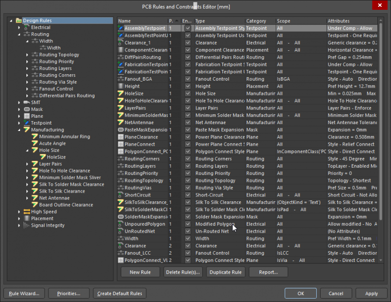 Altium Designer rules and constraint editor map