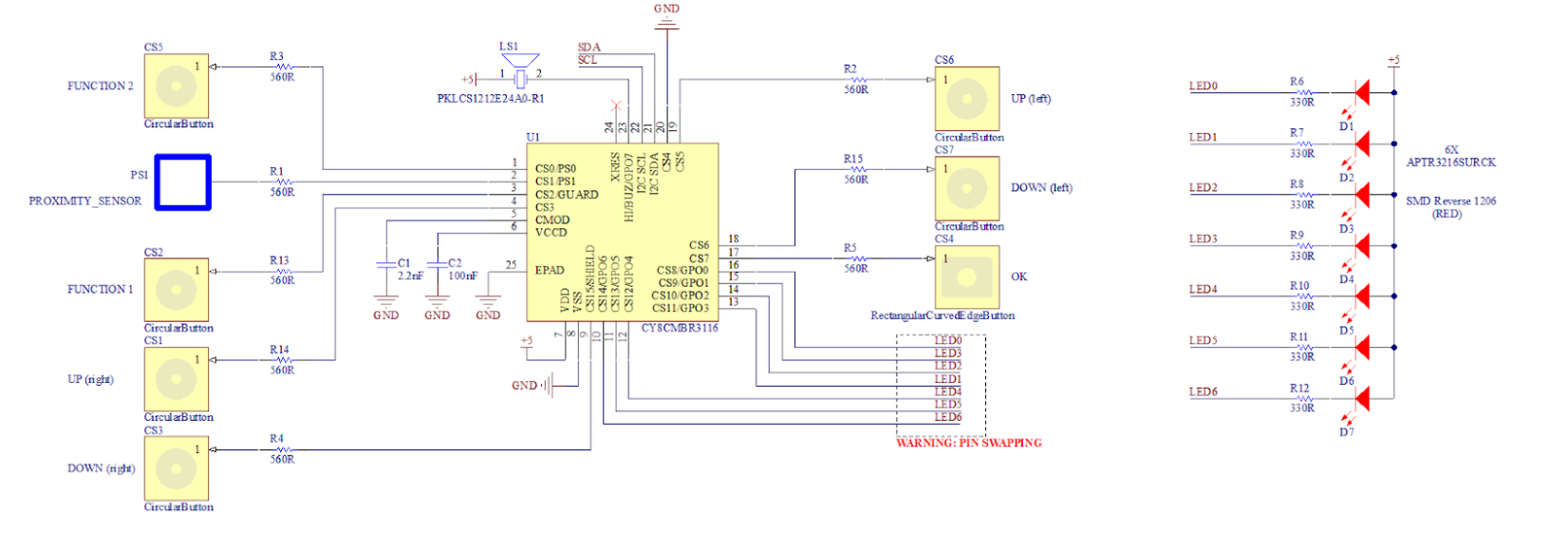 Figure 1. Schéma du circuit de gestion des interfaces tactiles (+ LEDs et sortie « buzzer »)