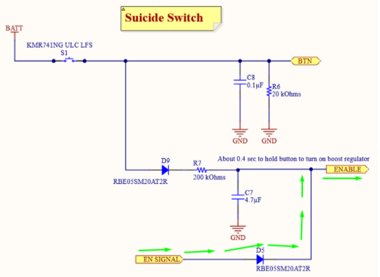 The voltage regulator’s ENABLE pin is pulled up by the microcontroller EN SIGNAL pin