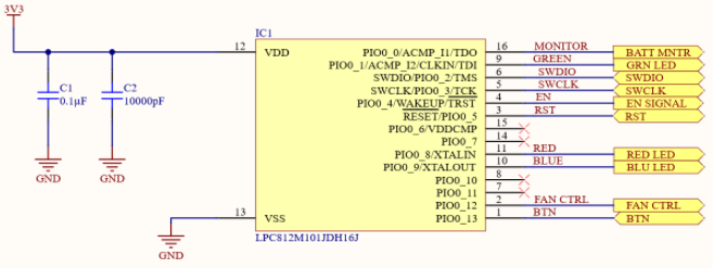 Microcontroller schematic with final pin configuration