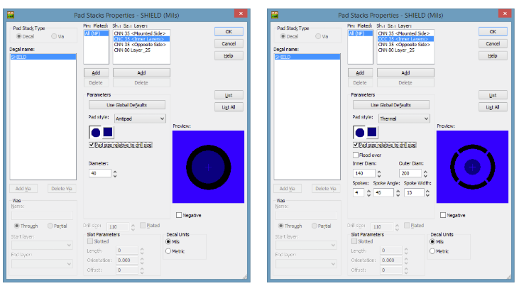 Configuration des propriétés des padstacks dans PADS