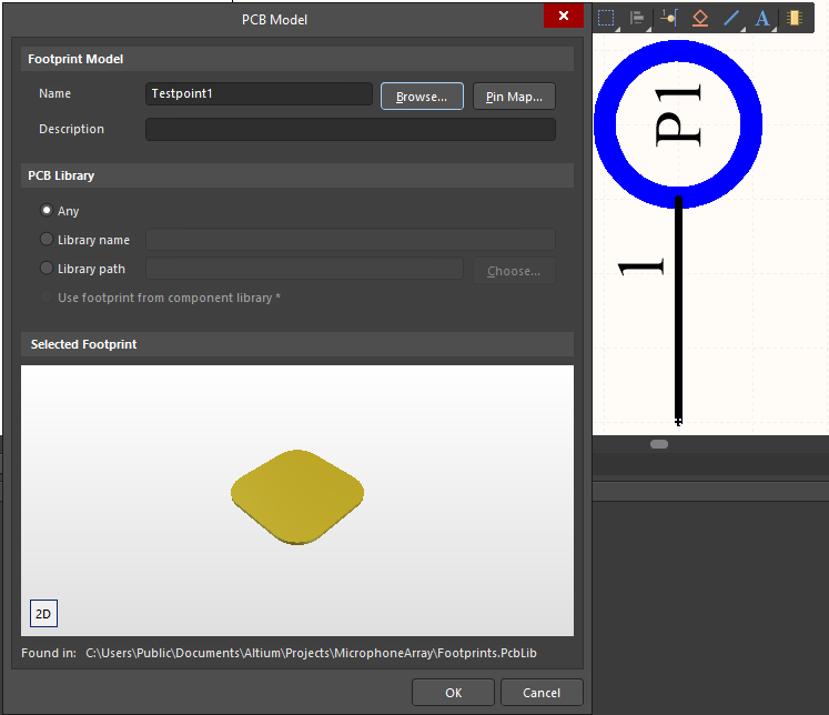 PCB footprint and test point schematic symbol link in schematic library file