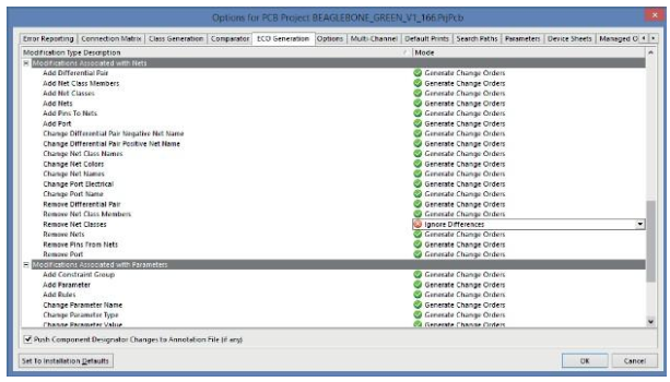 Menu Options du projet, puis configuration des options dans l'onglet Génération ECO.