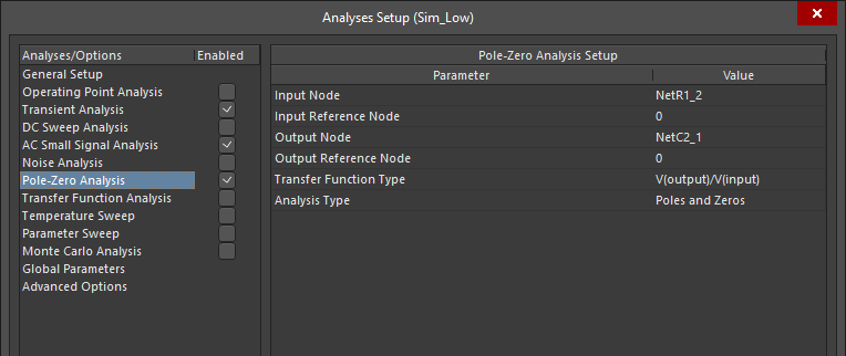 Filter transfer function calculation setup