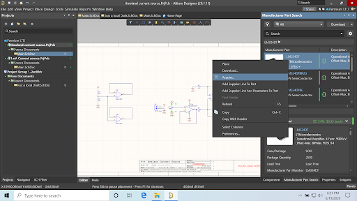 Acquisition of a component from the Manufacturer Part Search Panel