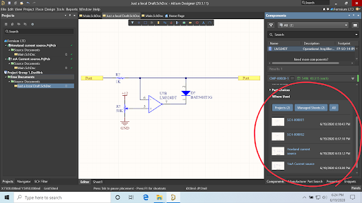 The component panel displaying the where-used feature