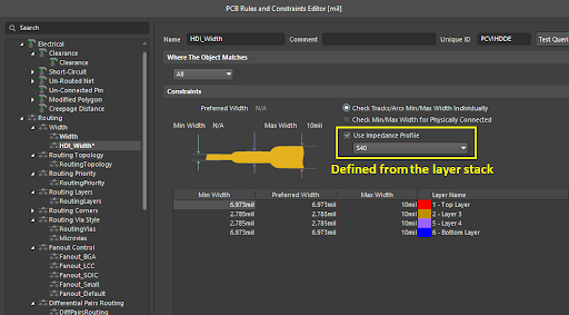 Trace width in HDI PCB layout and routing