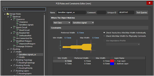 Minimum width for electrical design rules