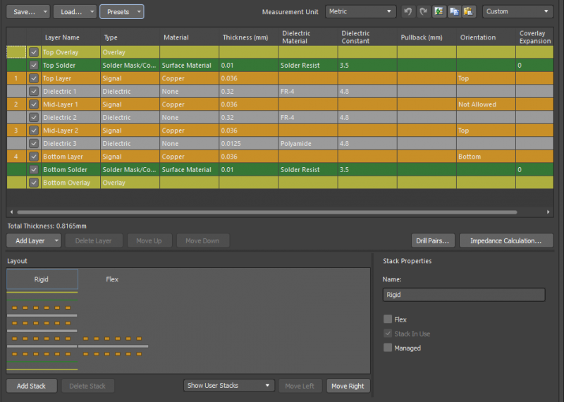 Flex and rigid PCB regions in a layer stack in Altium Designer