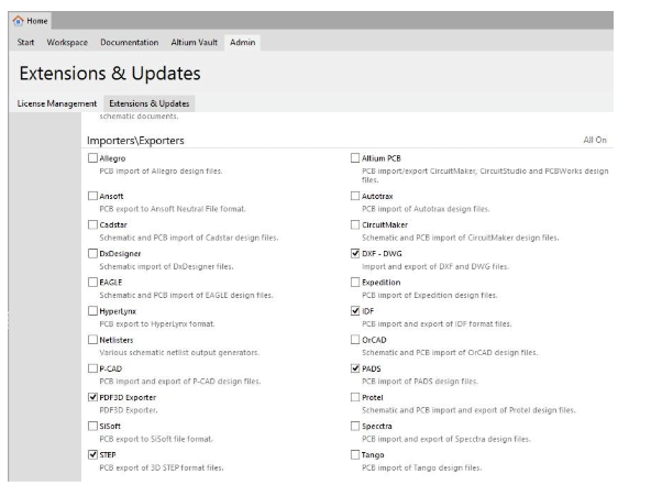 Activez l'outil pour importer PADS dans la section Extensions et mises à jour d'Altium Designer