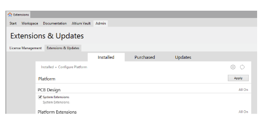 Sección de extensiones y actualizaciones en Altium Designer