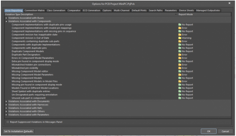 Dashboard delle opzioni per build di progetti con schematico PCB