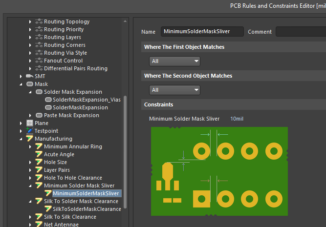 Consult PCB manufacturing for minimum solder resist clearance requirements