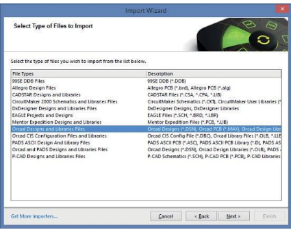 Seleccione el tipo de archivo que desea importar (archivos de bibliotecas y diseños de OrCAD). Haga clic en «Next»